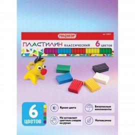 Пластилин классический ПИФАГОР, 6 цветов, 60 г, картонная упаковка, 103677