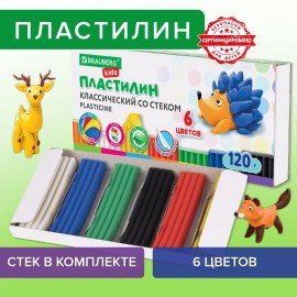 Пластилин классический BRAUBERG KIDS, 6 цветов, 120 г, стек, ВЫСШЕЕ КАЧЕСТВО, 106435