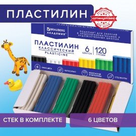 Пластилин классический BRAUBERG "АКАДЕМИЯ КЛАССИЧЕСКАЯ", 6 цветов, 120 г, СТЕК, ВЫСШЕЕ КАЧЕСТВО, 106440