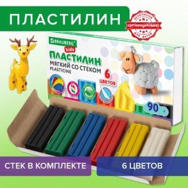 Пластилин мягкий восковой BRAUBERG KIDS, 6 цветов, 90 г, со стеком, 106493