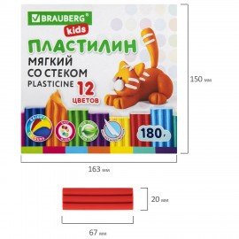 Пластилин мягкий восковой BRAUBERG KIDS, 12 цветов, 180 г, со стеком, 106495