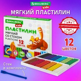 Пластилин мягкий восковой BRAUBERG KIDS, 12 цветов, 180 г, со стеком, 106495