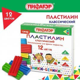 Пластилин классический ПИФАГОР "ЭНИКИ-БЕНИКИ СУПЕР", 12 цветов, 120 г, стек, 106505