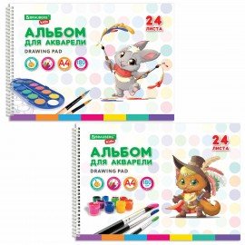 Альбом для акварели А4 24 л., бумага 180 г/м2, гребень, обложка картон, BRAUBERG KIDS, "Pets" (2 вида), 106712