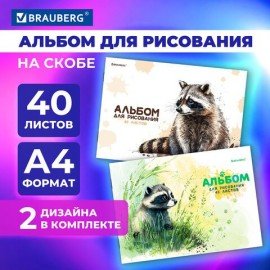 Альбомы для рисования ДЭК А4, 40 л., КОМПЛЕКТ 2 шт., скоба, обложка картон, BRAUBERG, 205х290 мм, "Little Raccoon", 106735