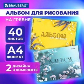 Альбомы для рисования ДЭК А4, 40 л., КОМПЛЕКТ 2 шт., гребень, обложка картон, BRAUBERG, 205х290 мм, "Соцветие", 106737