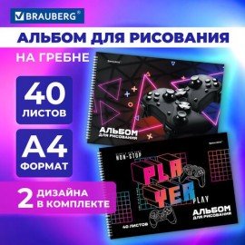 Альбомы для рисования ДЭК А4, 40 л., КОМПЛЕКТ 2 шт., гребень, обложка картон, BRAUBERG, 205х290 мм, "NON-STOP", 106738