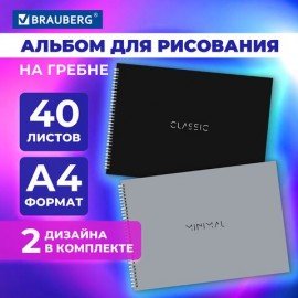 Альбомы для рисования ДЭК А4, 40 л., КОМПЛЕКТ 2 шт., гребень, матовая ламинация, BRAUBERG, 205х290 мм, "Laconic", 106740