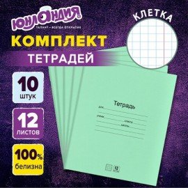 Тетради ДЭК 12 л. КОМПЛЕКТ 10 шт. с ЗЕЛЁНОЙ обложкой, ЮНЛАНДИЯ, клетка, 106746