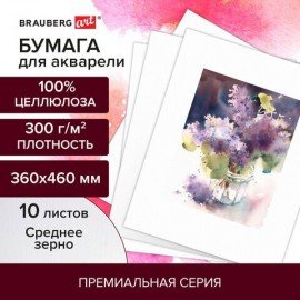 Бумага для акварели 300 г/м2 360x460 мм среднее зерно, 10 листов, BRAUBERG ART PREMIERE, 113228