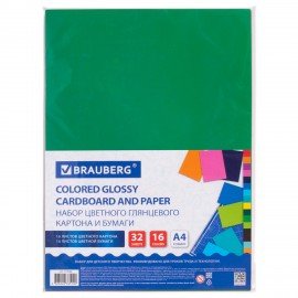 Набор картона и бумаги А4 мелованные (картон 16 л. 16 цветов, бумага 16 л. 16 цветов), BRAUBERG, 113566