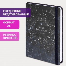 Ежедневник недатированный с резинкой А5 (145х203 мм), BRAUBERG, твердый, фольга, 128 л., "Stars", 114566