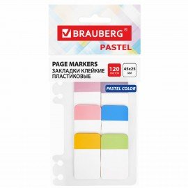 Закладки клейкие пастельные BRAUBERG PASTEL, пластиковые, 45х25 мм, 6 цветов х 20 листов, 115580