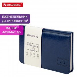 Еженедельник датированный 2025 95х155мм А6, BRAUBERG Imperial, под кожу, синий, 115977