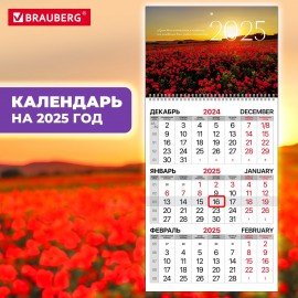 Календарь квартальный 2025г, 1 блок 1 гребень бегунок, мелованная бумага, BRAUBERG, Цветочное поле, 116129