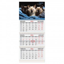 Календарь квартальный 2025г, 3 блока 3 гребня бегунок, мелованная бумага, BRAUBERG, Милые котики, 116138