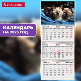 Календарь квартальный 2025г, 3 блока 3 гребня бегунок, мелованная бумага, BRAUBERG, Милые котики, 116138