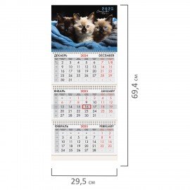 Календарь квартальный 2025г, 3 блока 3 гребня бегунок, мелованная бумага, BRAUBERG, Милые котики, 116138
