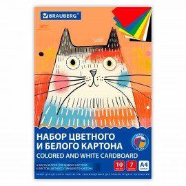 Набор картона БЕЛЫЙ + ЦВЕТНОЙ А4 мелованный, 10 листов (белый 4 листа + цветной 6 листов), в папке, BRAUBERG, 116630