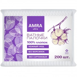 Ватные палочки 200 шт., AMRA, пакет, ш/к 82527, П00066646