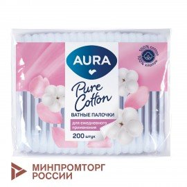 Ватные палочки КОМПЛЕКТ 200 шт., AURA, пакет, ш/к 21053, 13141