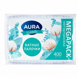 Ватные палочки КОМПЛЕКТ 400 шт., AURA CLASSIC, пакет, ш/к 27376, 14853