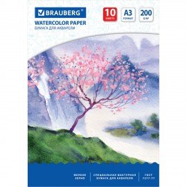 Бумага для акварели БОЛЬШАЯ А3, 10 л., 200 г/м2, 297х420 мм, BRAUBERG, "Сакура", 125224