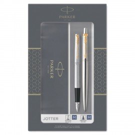 Набор PARKER "Jotter Stainless Steel GT": шариковая ручка синяя и перьевая ручка, 2093257