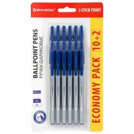 Ручки шариковые с грипом BRAUBERG "i-STICK POINT", НАБОР 10+2 ШТ., СИНИЕ, линия письма 0,35 мм, блистер,144025