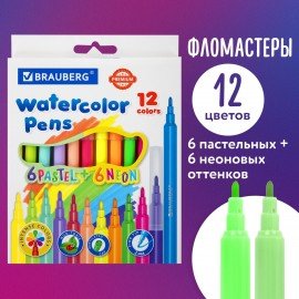 Фломастеры 6 неоновых + 6 пастельных, вентилируемый колпачок BRAUBERG "PREMIUM", картонная коробка, 152198