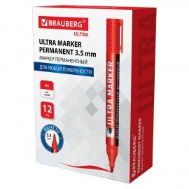 Маркер перманентный ULTRA MARKER, КРАСНЫЙ, 3,5 мм, с клипом, BRAUBERG, 152205