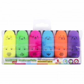 Набор текстовыделителей мини 6 ЦВЕТОВ BRAUBERG KIDS "CUTE CATS NEON", линия 1-5 мм, 152435