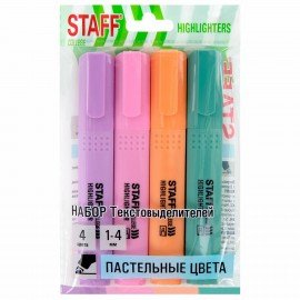 Набор текстовыделителей 4 ПАСТЕЛЬНЫХ ЦВЕТА, АССОРТИ, STAFF College STICK PASTEL, линия письма 1-4 мм, скошенный наконечник, 152531