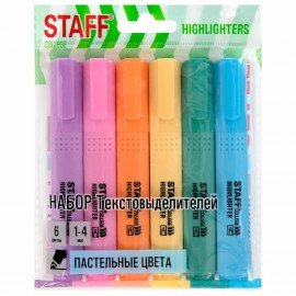 Набор текстовыделителей 6 ПАСТЕЛЬНЫХ ЦВЕТОВ, АССОРТИ, STAFF College STICK PASTEL, линия письма 1-4 мм, скошенный наконечник, 152532