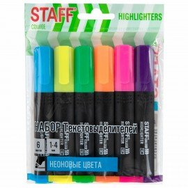 Набор текстовыделителей 6 НЕОНОВЫХ ЦВЕТОВ, АССОРТИ, STAFF College STICK NEON, линия письма 1-4 мм, скошенный наконечник, 152534