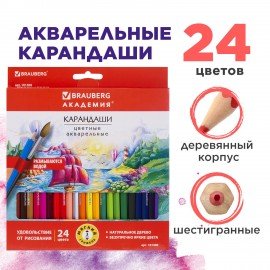 Карандаши цветные акварельные BRAUBERG "АКАДЕМИЯ", 24 цвета, шестигранные,высокое качество, 181400