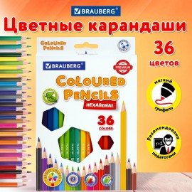 Карандаши цветные BRAUBERG PREMIUM, 36 цветов, пластиковые, шестигранные, грифель 3 мм, 181669