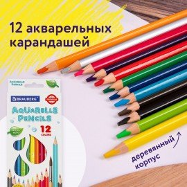 Карандаши цветные акварельные BRAUBERG PREMIUM AQUARELLE, 12 цветов, грифель 4 мм, 181671