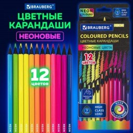 Карандаши цветные BRAUBERG NEON, 12 неоновых цветов, черное дерево, трёхгранные, 181852