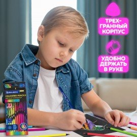 Карандаши цветные BRAUBERG NEON, 12 неоновых цветов, черное дерево, трёхгранные, 181852