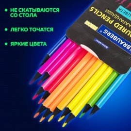 Карандаши цветные BRAUBERG NEON, 12 неоновых цветов, черное дерево, трёхгранные, 181852