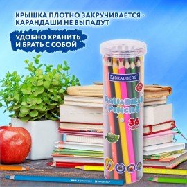 Карандаши цветные акварельные BRAUBERG PREMIUM AQUARELLE 36 цветов в тубе, трёхгранные, 181933