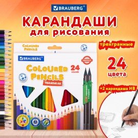 Карандаши цветные пластиковые, BRAUBERG PREMIUM 24 цвета + 2 чернографитных карандаша, 181937