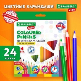 Карандаши цветные BRAUBERG KIDS NEW, 24 цвета, трехгранный корпус, грифель 3 мм, 182002