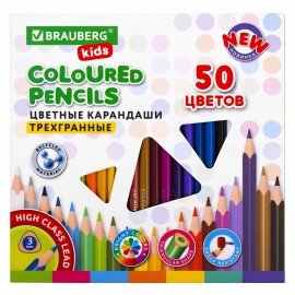 Карандаши цветные BRAUBERG KIDS NEW, 50 цветов, трехгранные, грифель 3 мм, 182004