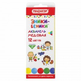 Краски акварельные ПИФАГОР "ЭНИКИ-БЕНИКИ", 12 цветов, медовые, картонная коробка, пластиковая подложка, 191316