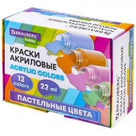 Краски акриловые художественные 12 ПАСТЕЛЬНЫХ цветов в банках по 22 мл, BRAUBERG HOBBY, 192411