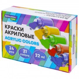 Краски акриловые художественные 24 шт., 21 цвет в банках по 22 мл, BRAUBERG HOBBY, 192412