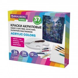 Краски акриловые художественные 26 шт. по 12 мл, холсты 3 шт., кисти 6 шт., аксессуары, 37 предметов, BRAUBERG HOBBY, 192544