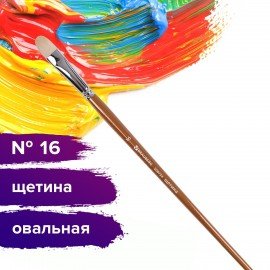 Кисть художественная профессиональная BRAUBERG ART CLASSIC, щетина, овальная, № 16, длинная ручка, 200734